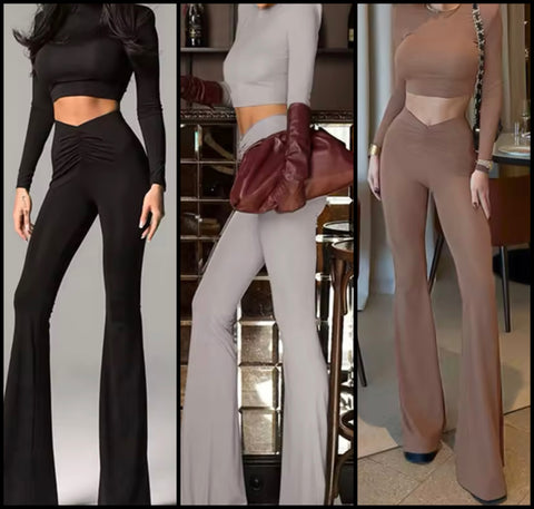 Women Solid Color Full Sleeve Crop Two Piece Sexy Pant Set