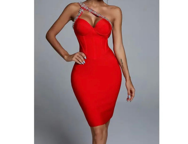 Women Sexy One Shoulder Sleeveless Red Rhinestone Patchwork Dress