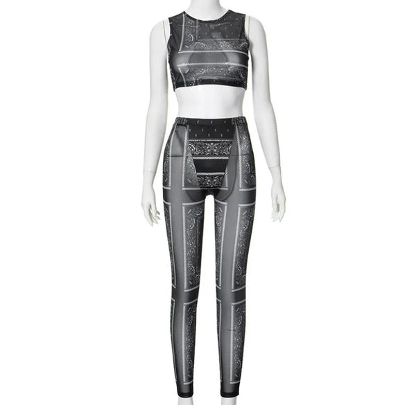 Women Printed Black Mesh Sexy Sleeveless Two Piece Pant Set