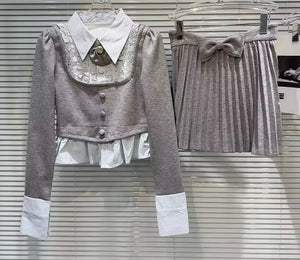 Women Fashion Collar Button Full Sleeve Two Piece Pleated Skirt Set