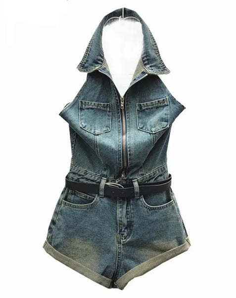 Women Sexy Fashion Halter Sleeveless Denim Romper