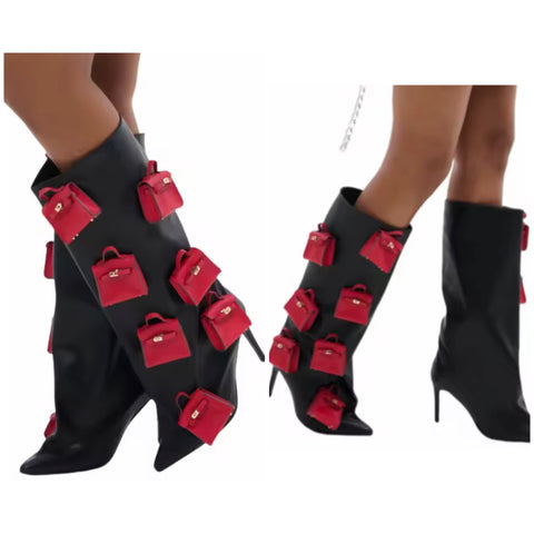 Women Fashion Black/Red Purse Patchwork Knee High Boots