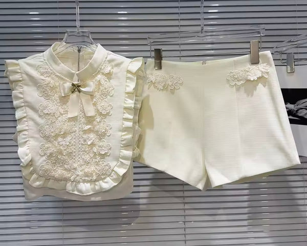 Women Bow Ruffled Lace Sleeveless Two Piece Short Set