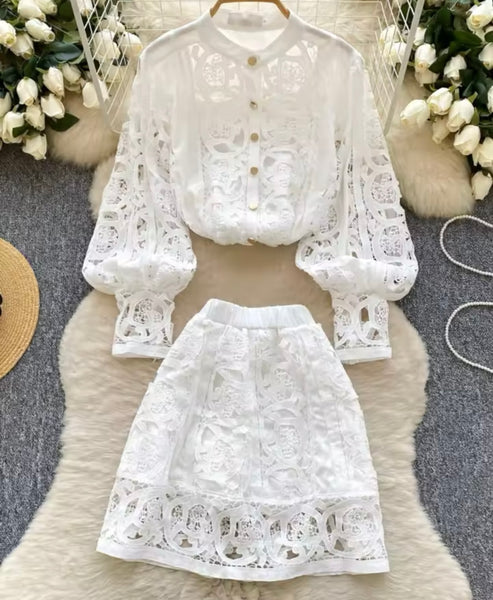 Women Lace Button Up Full Sleeve Two Piece Skirt Set