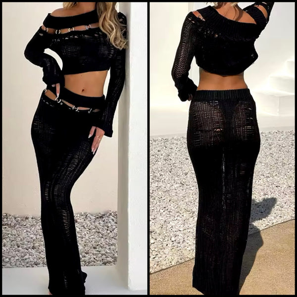 Women Black Knitted Full Sleeve Crop Two Piece Maxi Skirt Set