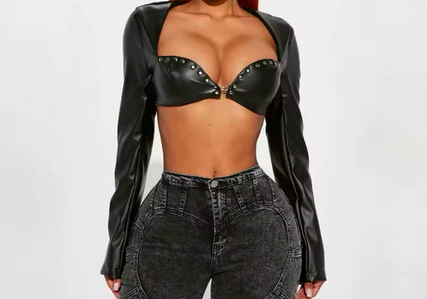 Women Fashion Black Rivet Full Sleeve Faux Leather Crop Top