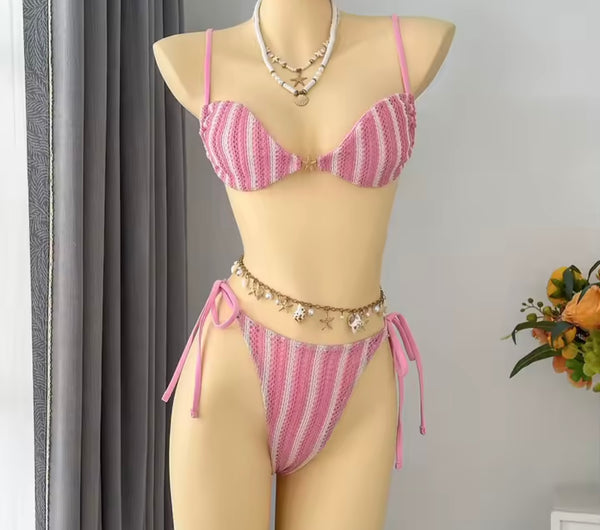 Women Sexy Color Striped Bikini Cover Up Set
