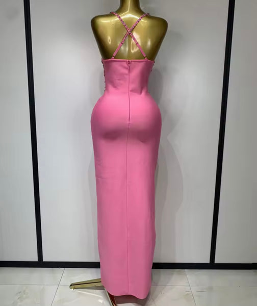 Women Sexy Sleeveless Mesh Rhinestone Patchwork Maxi Dress