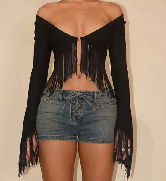 Women Black Off The Shoulder Fringe Tassel Crop Top