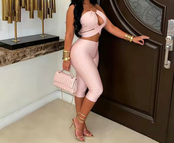 Women Sexy Halter Sleeveless Wrap Crop Two Piece Capri Pant Set