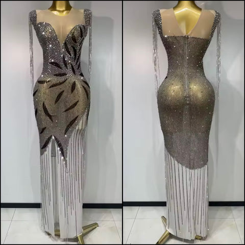 Women Sexy Rhinestone Tassel Sleeveless Mesh Maxi Dress
