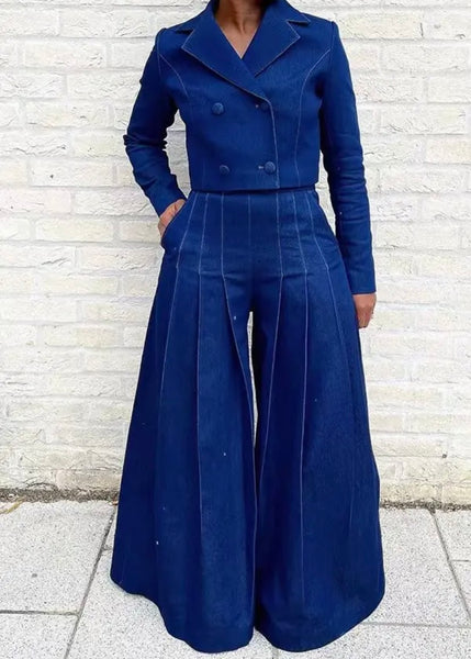 Women Fashion Denim Full Sleeve Blazer Two Piece Wide Leg Pant Set