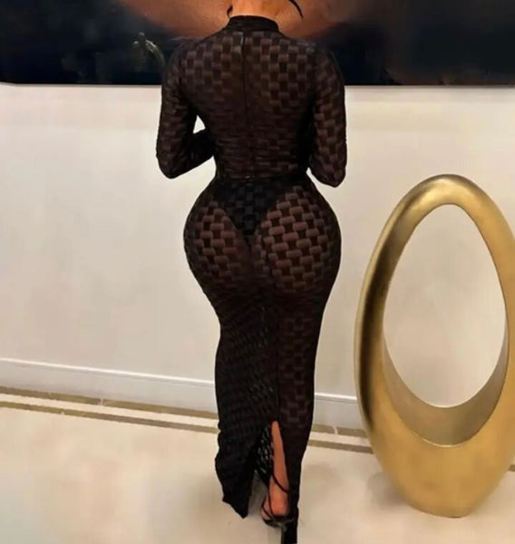 Women Sexy Printed See Through Full Sleeve Maxi Dress