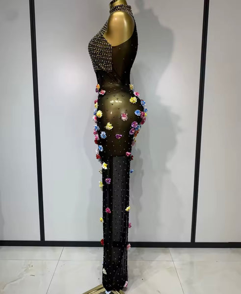 Women Sexy Sleeveless Bling Floral Mesh Maxi Dress