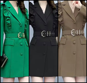 Women Color Fashion Ruffle Belted Trench Jacket