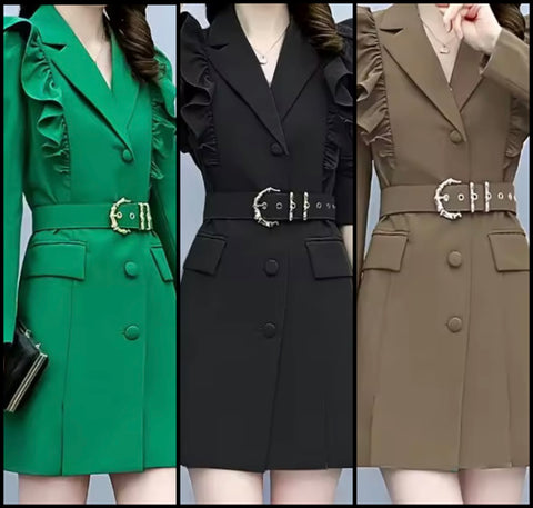 Women Color Fashion Ruffle Belted Trench Jacket