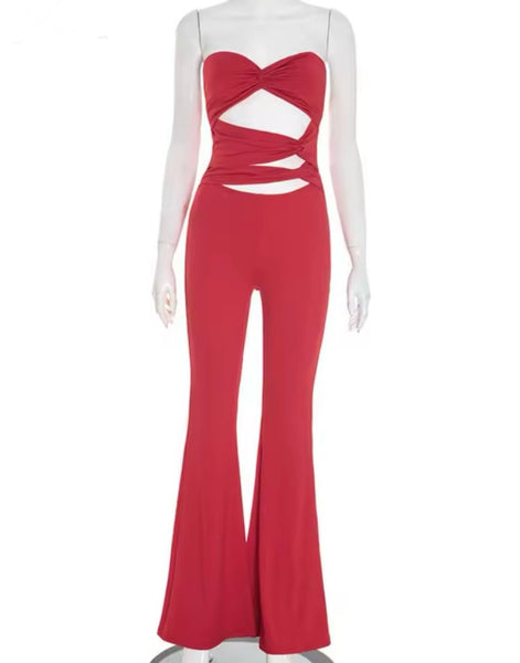 Women Red Sexy Strapless Cut Out Jumpsuit