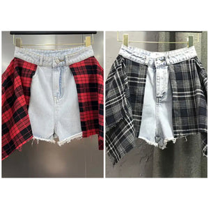 Women Fashion Plaid Patchwork Denim Shorts