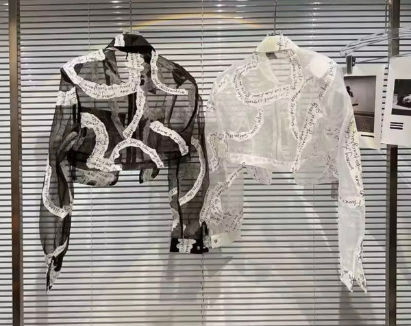Women B&W Collar Full Sleeve Letter Print Mesh Crop Top