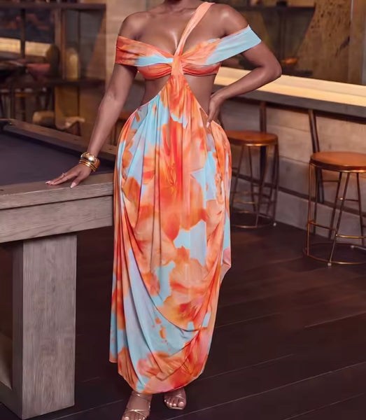 Women Sexy Orange Floral One Shoulder Dress