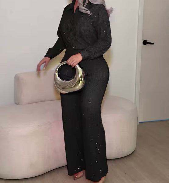 Women Button Up Full Sleeve Ribbed Two Piece Pant Set