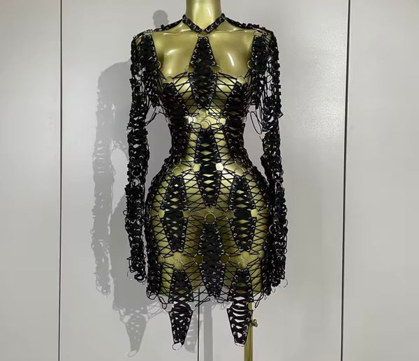 Women Black PU Lace Up Metal Open Back Full Sleeve Dress