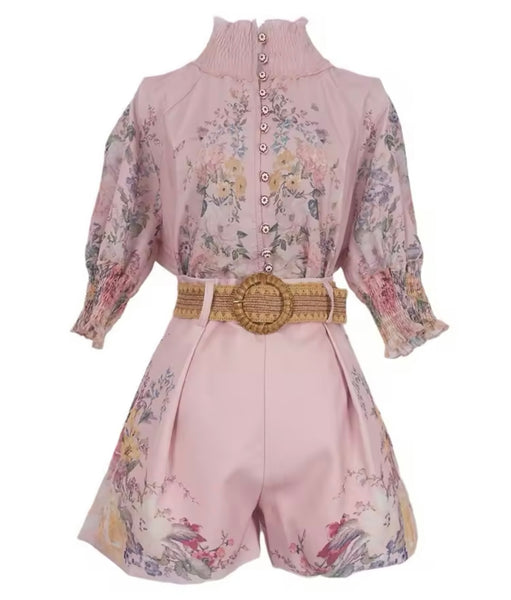Women Fashion Button Up Floral Short Sleeve Two Piece Short Set