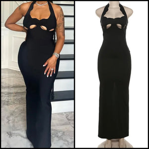 Women Black Sexy Cut Out Halter Sleeveless Maxi Dress