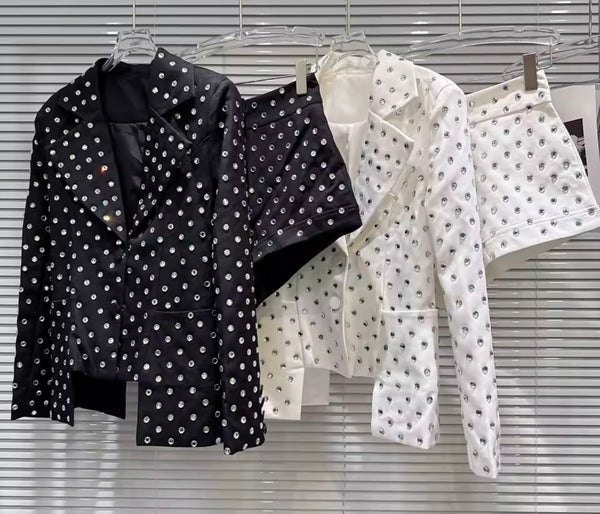Women Fashion Rhinestone Blazer Two Piece Short Set