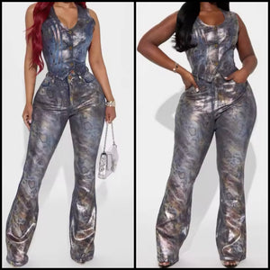 Women Sleeveless Metallic Print Denim Two Piece Pant Set