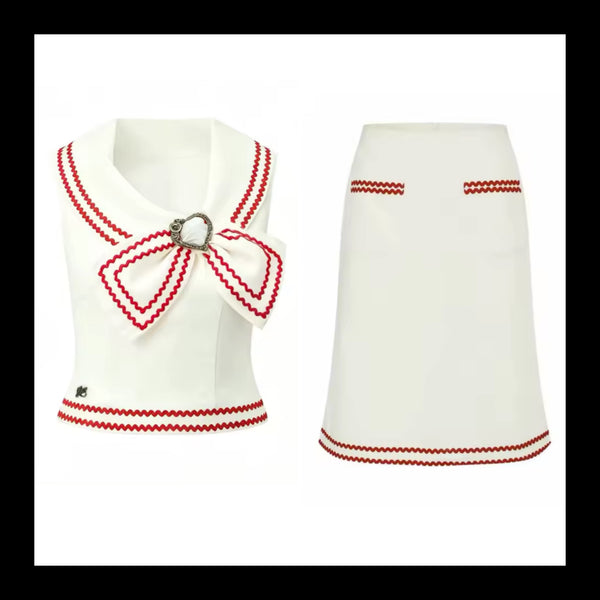 Women Sleeveless Embroidered Striped Two Piece Skirt Set