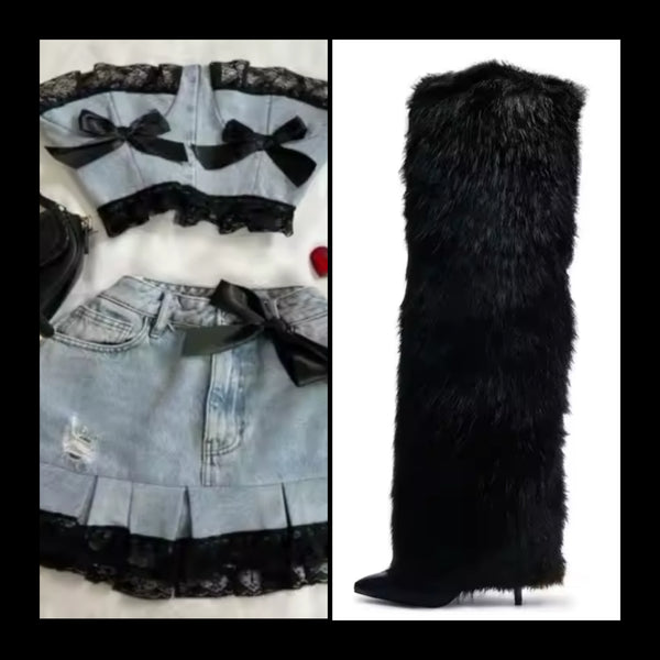 Women Fashion Black Faux Fur Over The Knee Boots