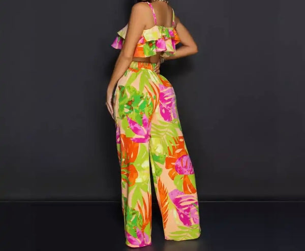 Women Sexy Sleeveless Printed Ruffled Crop Two Piece Pant Set