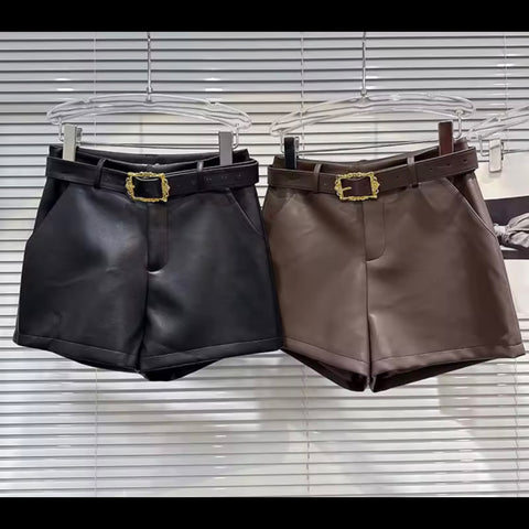 Women Fashion Belted Faux Leather Shorts