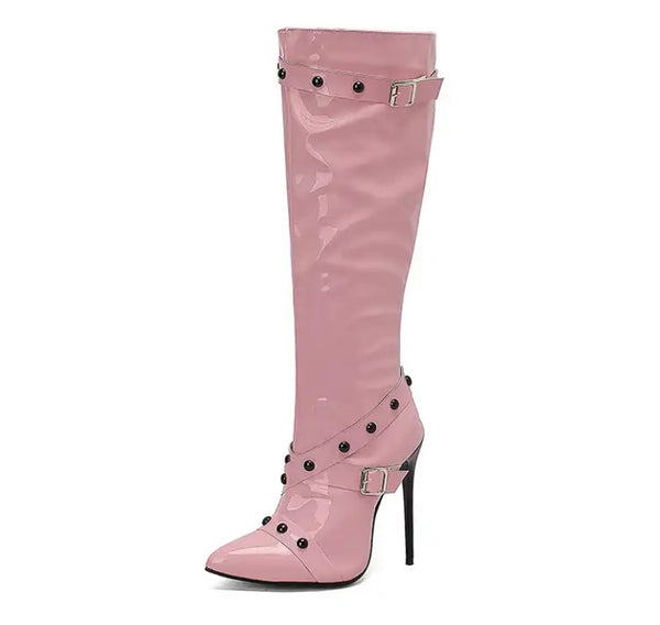 Women Color Buckled Fashion High Heel Knee High Boots