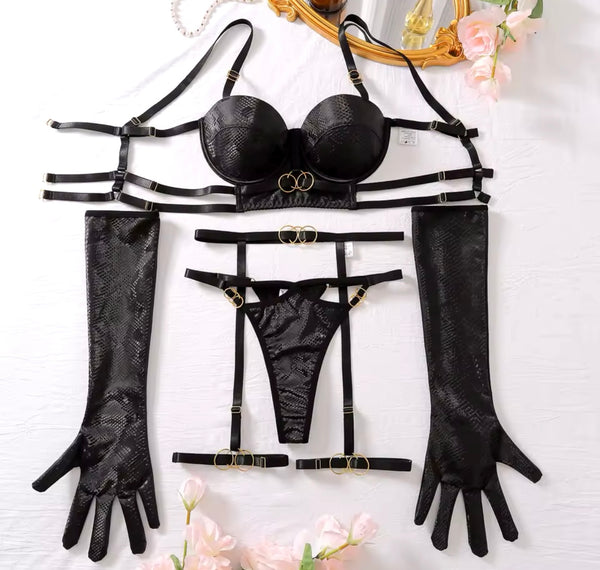 Women Sexy Black PU Glove Lingerie Set