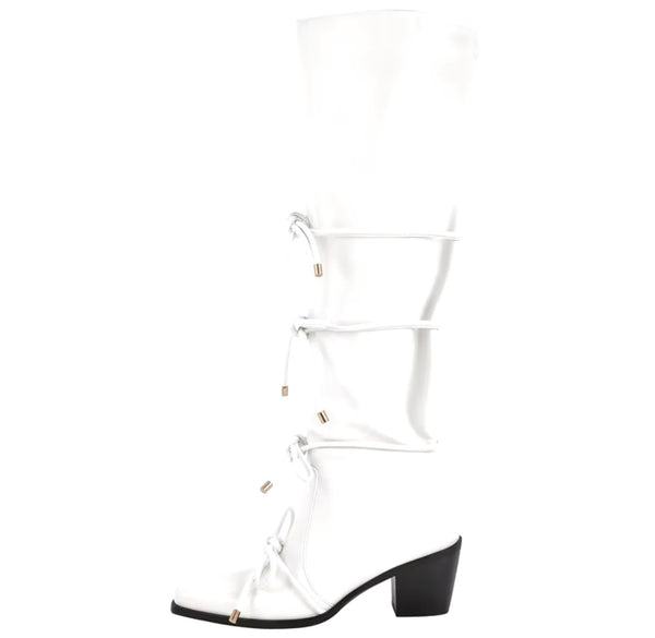 Women Fashion Faux Leather Pointed Toe Tie Up Knee High Boots