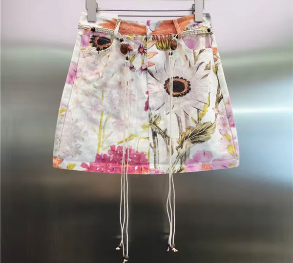 Women Fashion Floral Print Denim Skirt