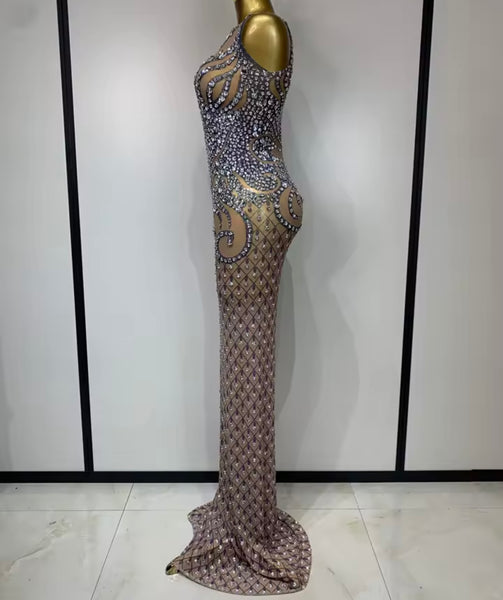 Women Sexy Mesh One Shoulder Sleeveless Rhinestone Maxi Dress