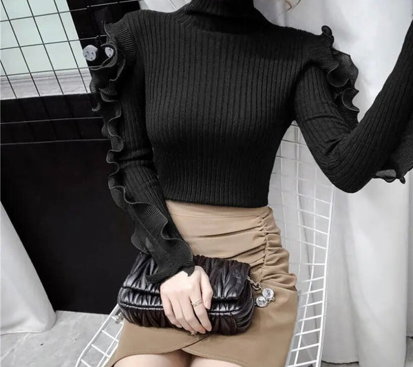 Women Fashion Turtleneck Ruffled Full Sleeve Ribbed Top