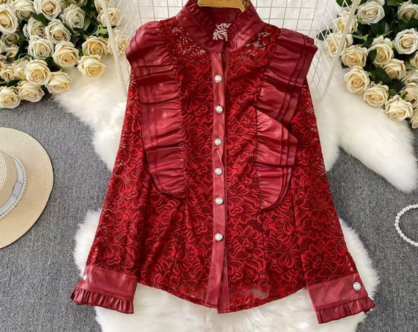 Women Sexy Lace PU Rivet Button Up Two Piece Maxi Skirt Set