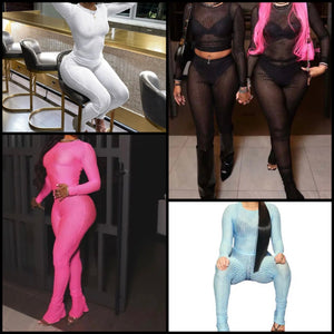 Women Sexy See Through Solid Color Full Sleeve Two Piece Pant Set