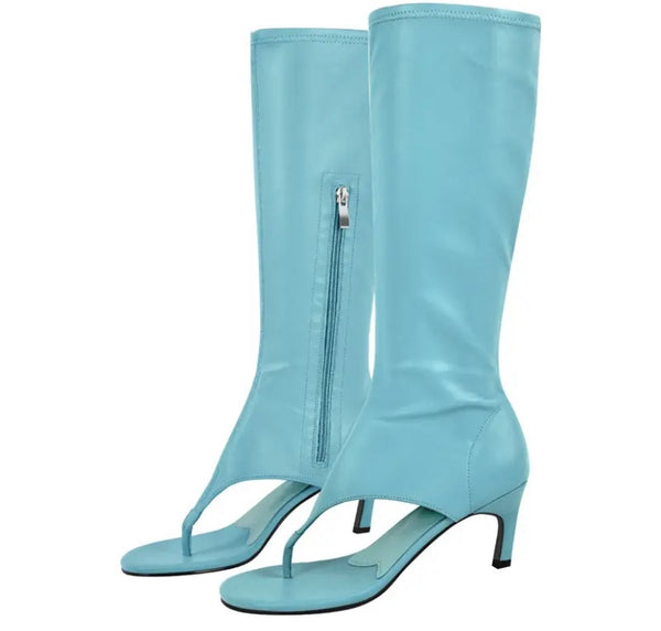 Women Fashion Faux Leather Open Toe Knee High Boots