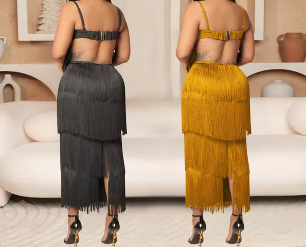 Women Sexy Sleeveless Open Back Fringe Tassel Maxi Dress
