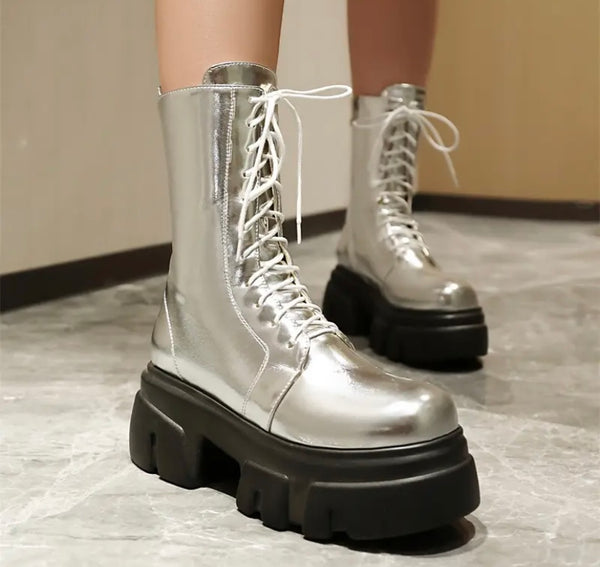 Women Fashion Platform Lace Up Faux Leather Ankle Boots