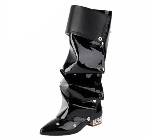 Women Fashion Pointed Toe Patent Leather Button Flat Boots