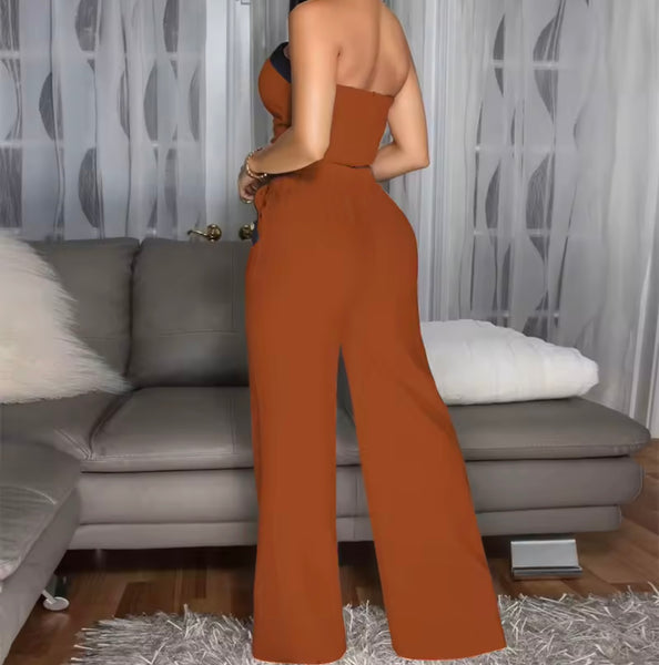 Women Sexy Button Up Strapless Color Patchwork Two Piece Pant Set