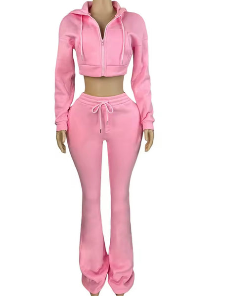 Women Fashion Hooded Zip Up Crop Two Piece Tracksuit Pant Set