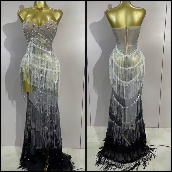 Women Sexy Rhinestone Mesh Strapless Gradient Fringe Tassel Dress