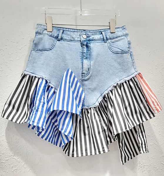 Women Fashion Color Striped Denim Skirt